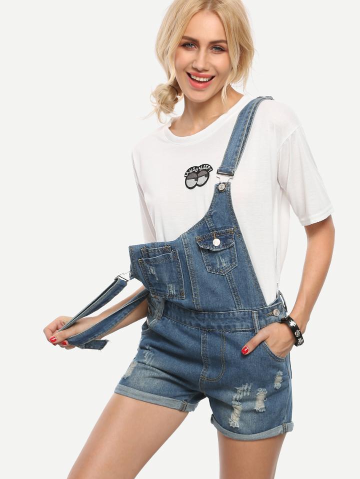 Shein Distressed Roll Hem Blue Denim Overall Shorts