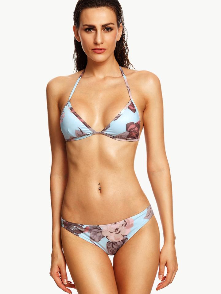 Shein Blue Random Rose Print Triangle Bikini Set