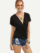 Shein V-neck Draped Front T-shirt - Black