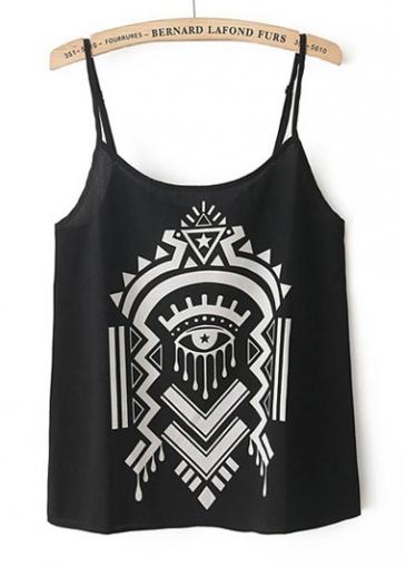 Rosewe Printed Black Round Neck Black Camisole