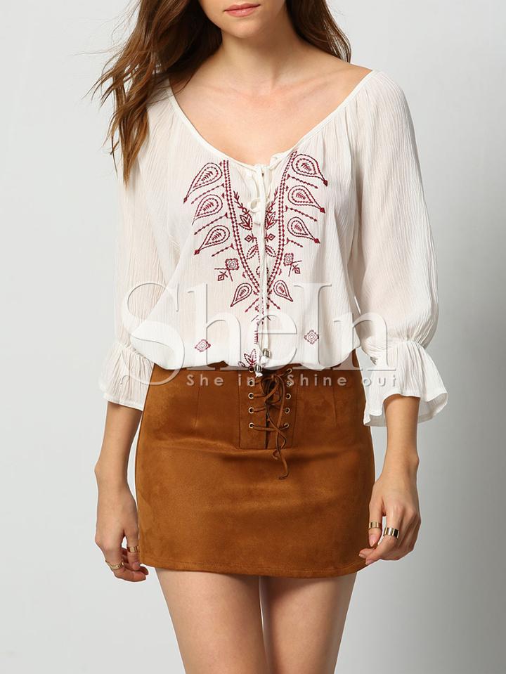 Shein White V Neck Lantern Sleeve Embroidered Blouse