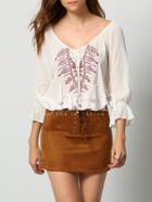 Shein White V Neck Lantern Sleeve Embroidered Blouse