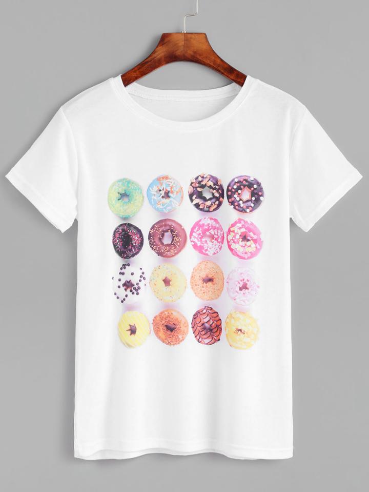 Shein White Doughnut Print Short Sleeve T-shirt
