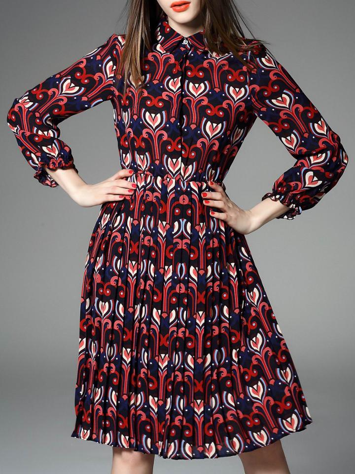 Shein Red Lapel Tribal Print Pleated Dress