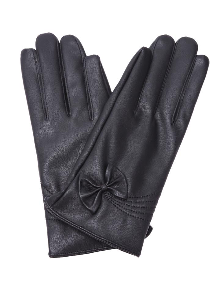 Shein Black Faux Leather Bow Trim Elegant Gloves