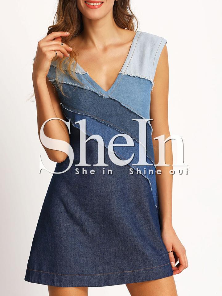 Shein Blue V-neck Patchwork Locking Ring Hole Casual Dress