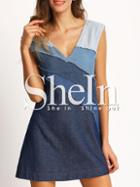Shein Blue V-neck Patchwork Locking Ring Hole Casual Dress
