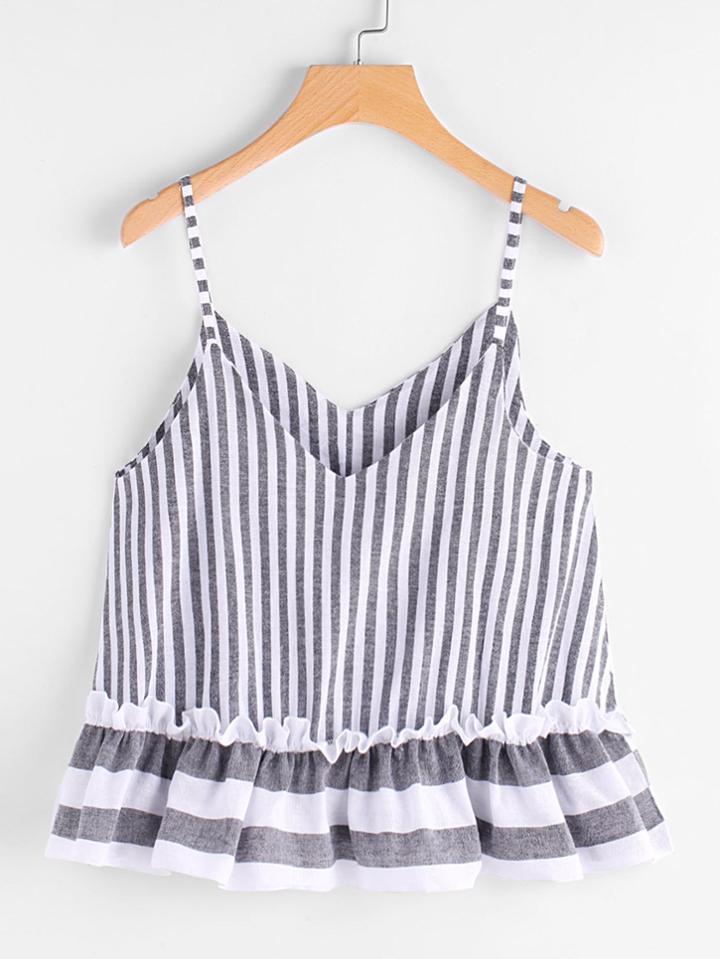 Shein Contrast Striped Frill Hem Cami Top