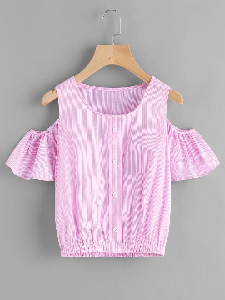 Shein Cold Shoulder Pinstripe Frill Trim Button Front Top