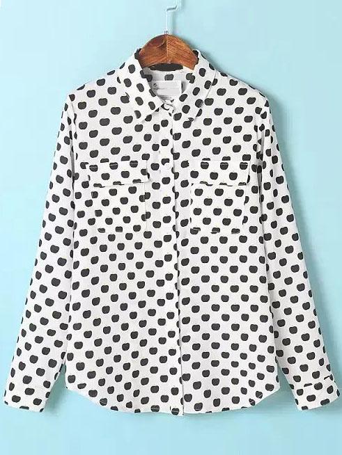 Shein Black White Apples Print Pockets Blouse