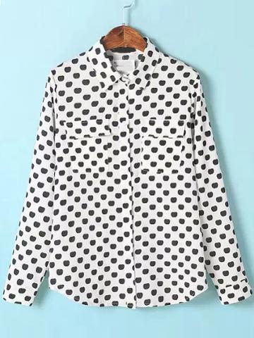 Shein Black White Apples Print Pockets Blouse