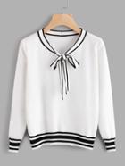 Shein Contrast Stripe Trim Bow Tie Neck Jumper