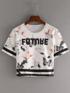 Shein Letter & Butterfly Print Crop T-shirt - White