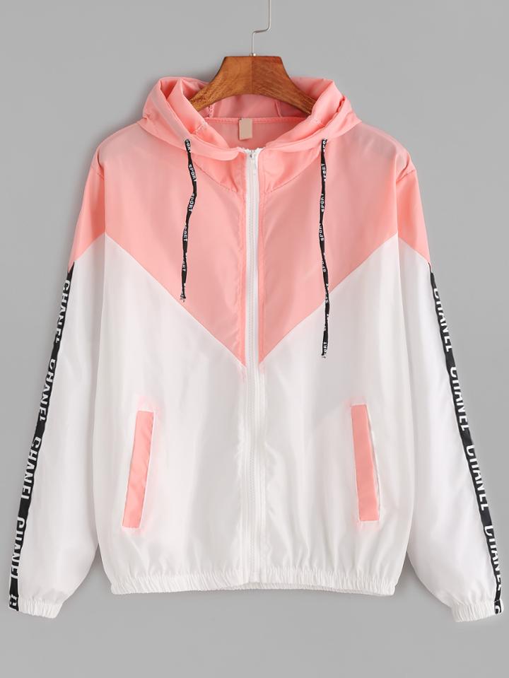 Shein Contrast Sleeve Tape Detail Drawstring Hooded Jacket