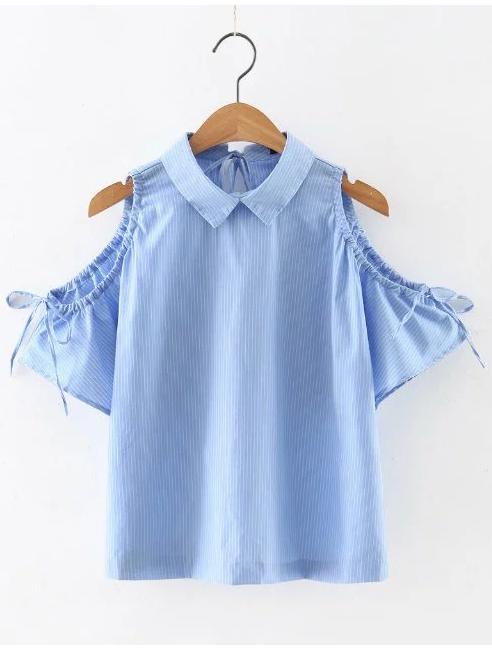 Shein Blue Cold Shoulder Lapel Bow Stripe Key-hole Blouse