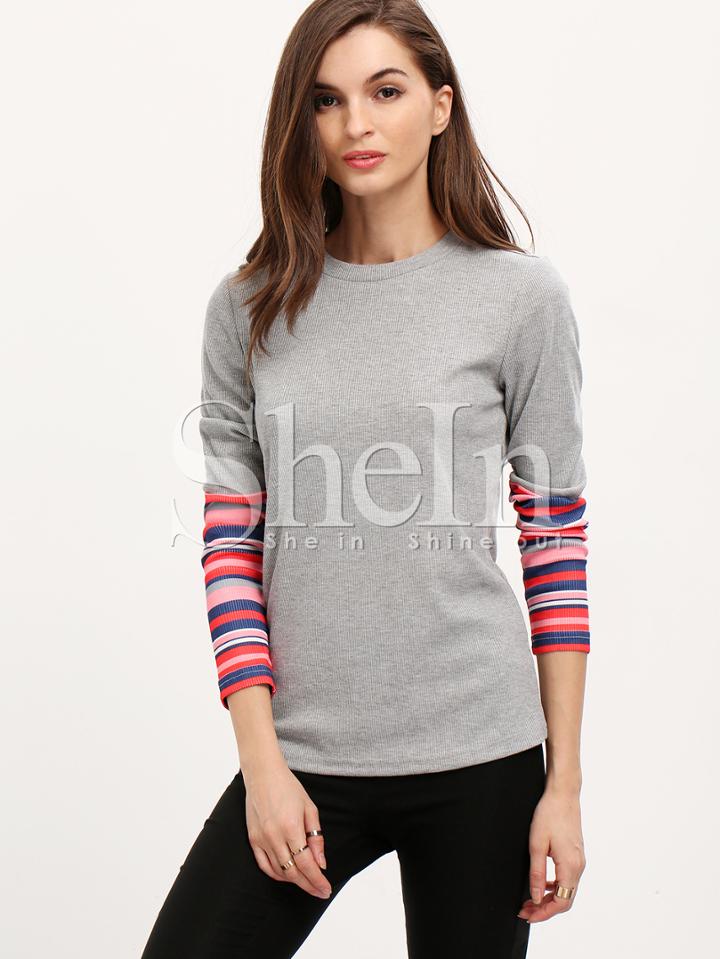 Shein Grey Crew Neck Contrast Sleeve T-shirt