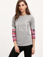 Shein Grey Crew Neck Contrast Sleeve T-shirt