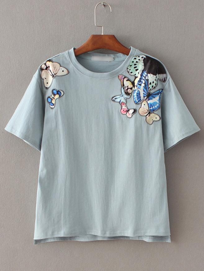 Shein Green Round Neck Butterfly Applique T-shirt