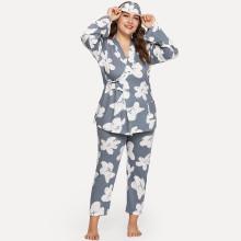 Shein Plus Flower Print Wrap Pj Set With Eye Mask