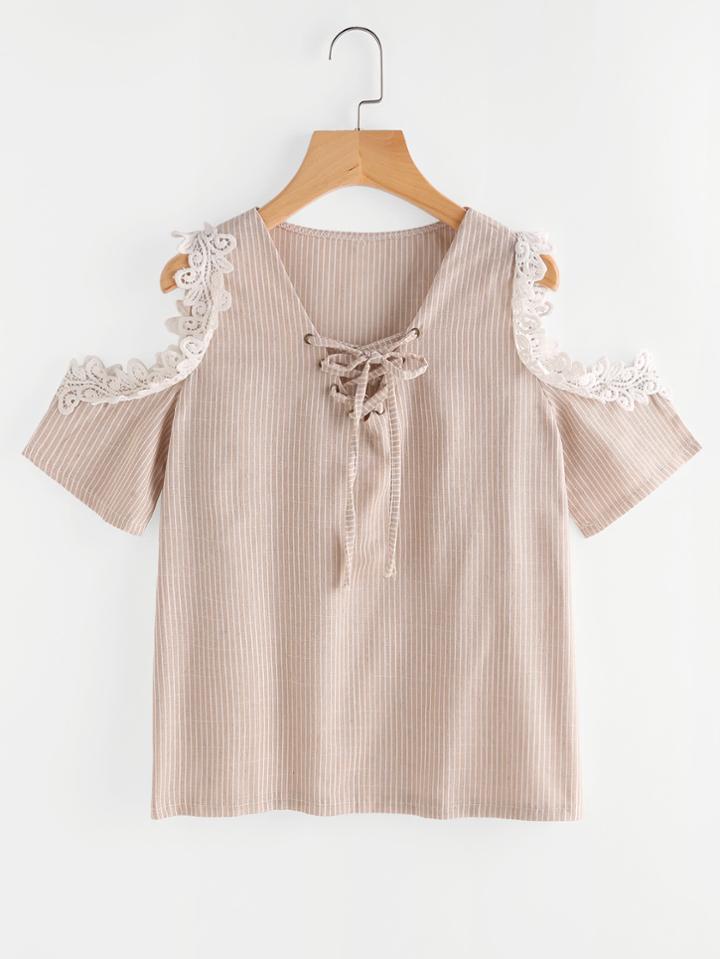 Shein Contrast Crochet Trim Open Shoulder Lace Up Pinstripe Top