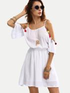 Shein White Cold Shoulder Pom Pom Trim Dress