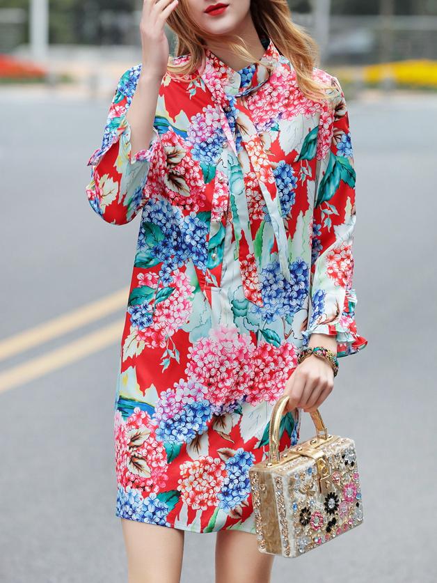 Shein Color Block Tie Neck Floral Dress