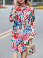 Shein Color Block Tie Neck Floral Dress
