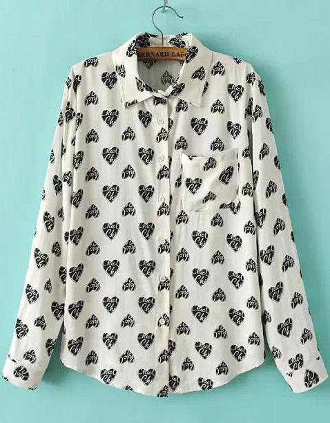 Shein White Long Sleeve Hearts Print Blouse