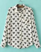 Shein White Long Sleeve Hearts Print Blouse