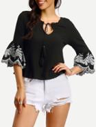 Shein Embroidered Bell Sleeve Tassel Tie Neck Blouse