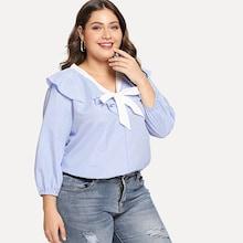 Shein Plus Contrast Trim Tie Neck Ruffle Blouse