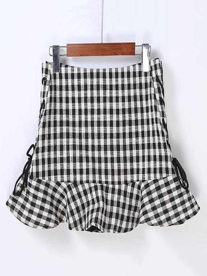 Shein Eyelet Lace Up Side Ruffle Hem Skirt