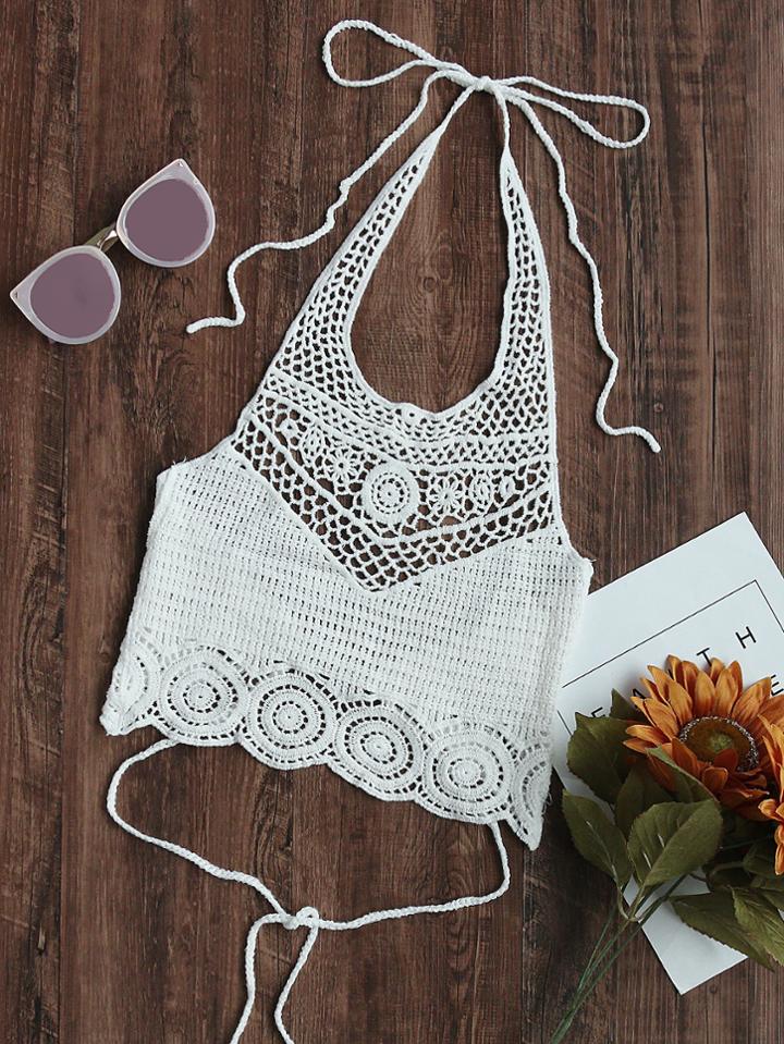 Shein Hollow Out Crochet Tie Detail Crop Halter Top