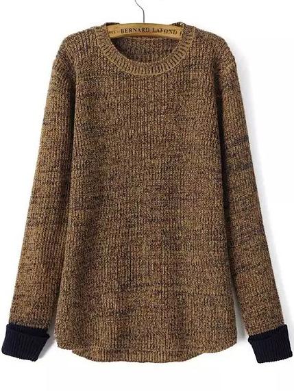 Shein Contrast Cuff Dip Hem Coffee Sweater