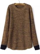 Shein Contrast Cuff Dip Hem Coffee Sweater