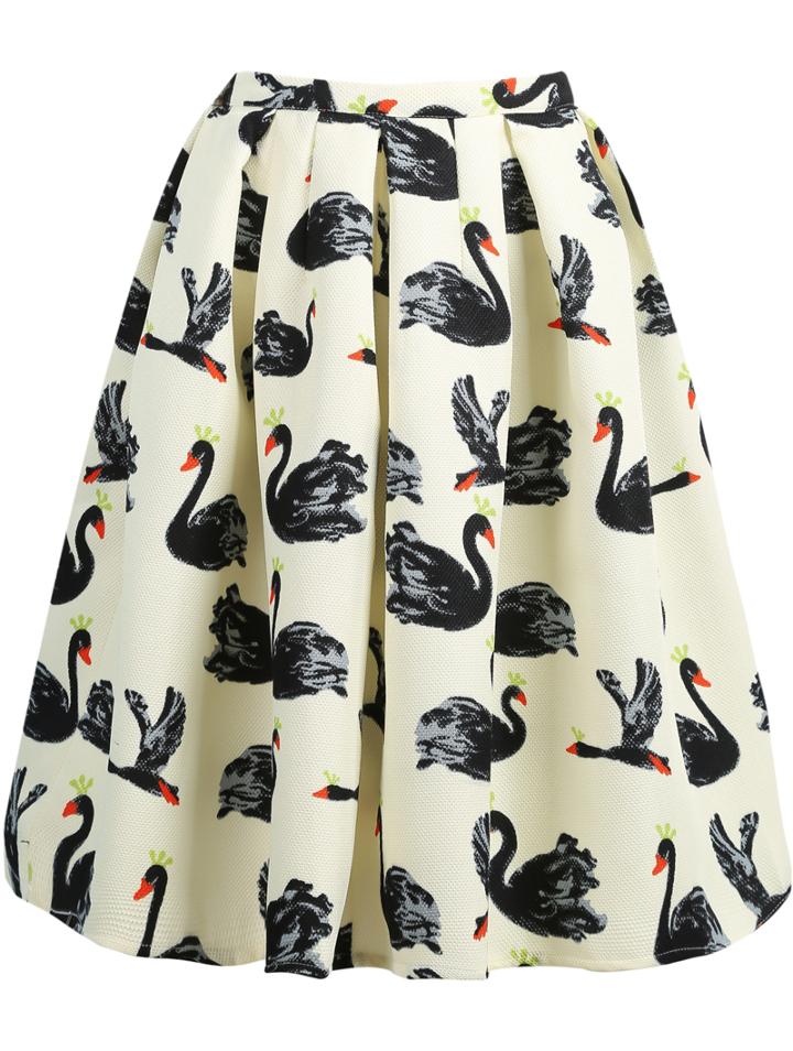 Shein Light Yellow Swan Print Midi Skirt