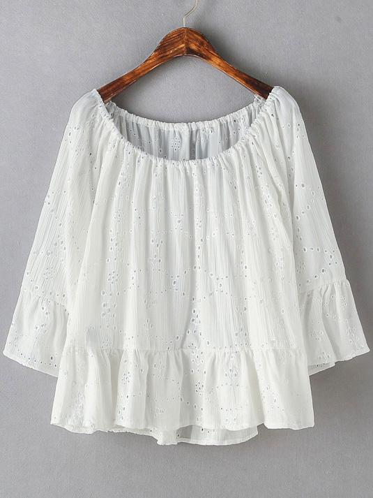 Shein White Bell Sleeve Boat Neck Embroidery Blouse