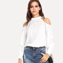 Shein Faux Pearl Beading Tie Back Open Shoulder Top