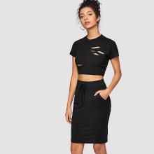 Shein Ripped Front Crop Top With Skirt