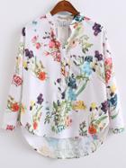 Shein White Floral Print High Low Blouse With Pocket