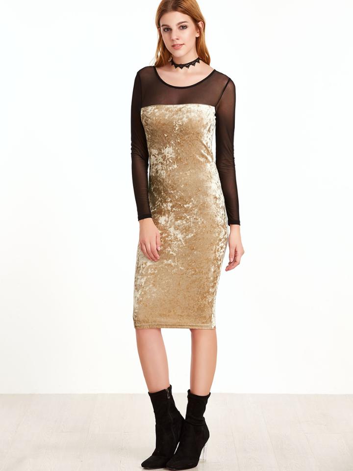 Shein Apricot Contrast Mesh Shoulder Velvet Pencil Dress