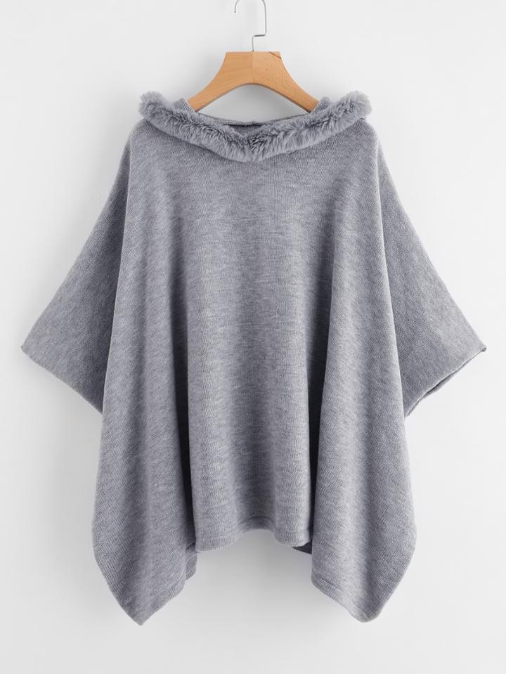 Shein Hanky Hem Faux Fur Trim Hooded Poncho Sweater