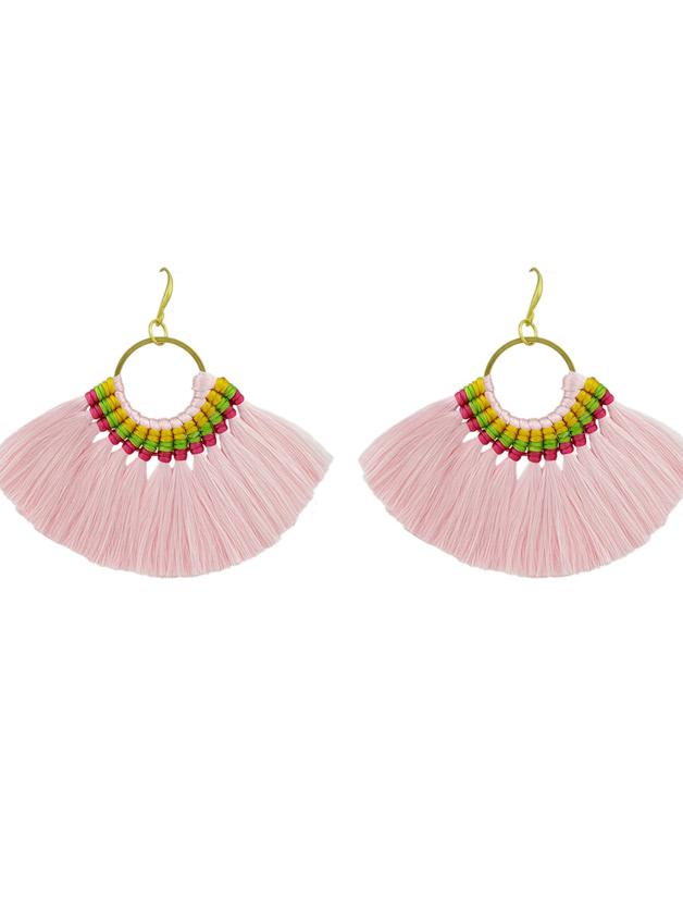 Shein Pink Boho Fan Shaped Earrings Ethnic Style Tassel Big Earrings