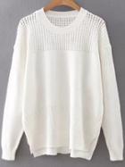 Shein White Hollow Out Side Slit Dip Hem Sweater