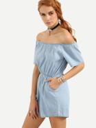 Shein Off-the-shoulder Elastic Waist Denim Romper - Light Blue