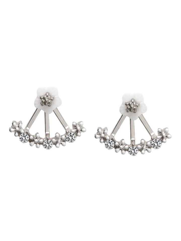 Shein Silver Plated Fan Shaped Rhinestone Flower Stud Earrings
