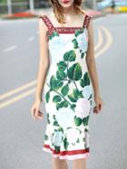 Shein White Boat Neck Leaves Print Frill Dress