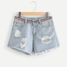 Shein Stripe Contrast Raw Hem Ripped Denim Shorts