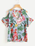 Shein Open Shoulder Stripe Floral Print Random Top