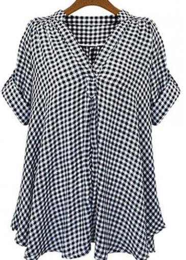 Rosewe Plaid Print V Neck Half Sleeve Blouse